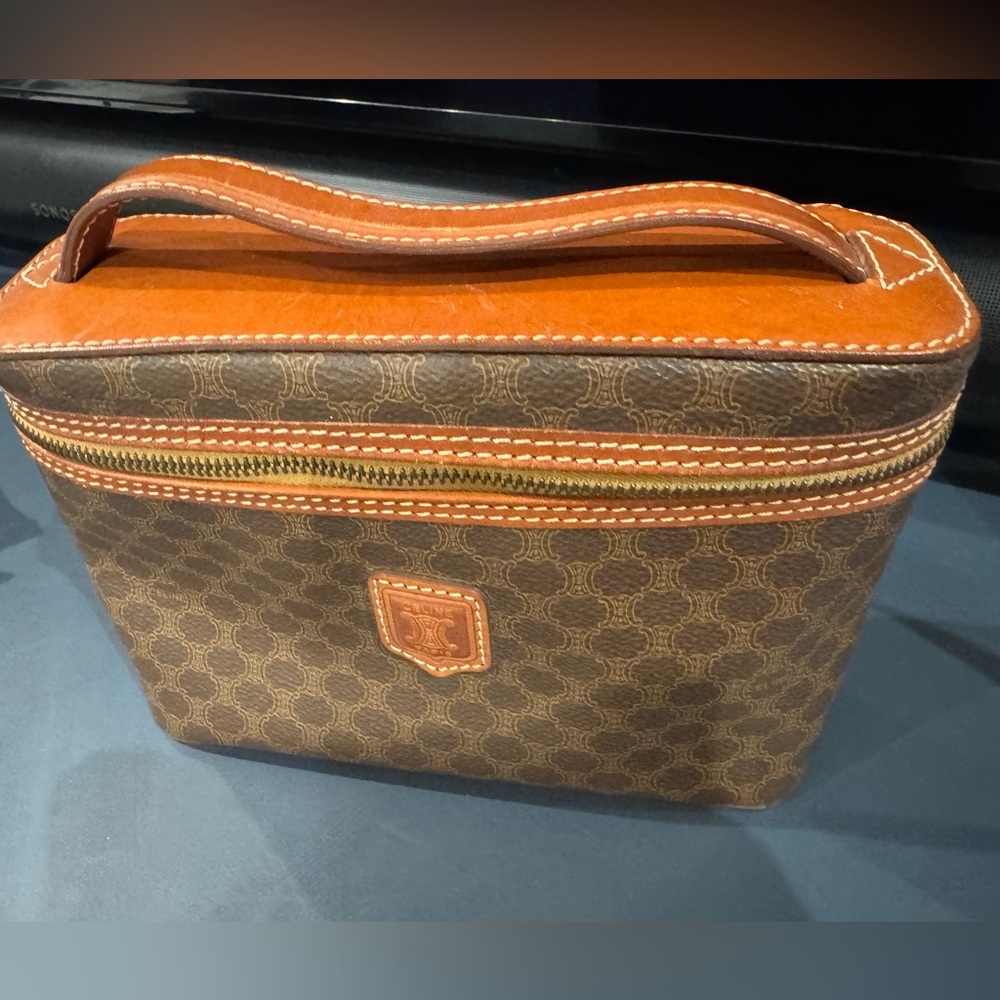 Celine Vintage Macadam Brown Gold Leather Vanity Bag